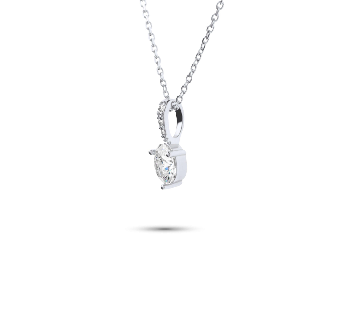 Moissanite Diamond Round White Gold Necklace on white background