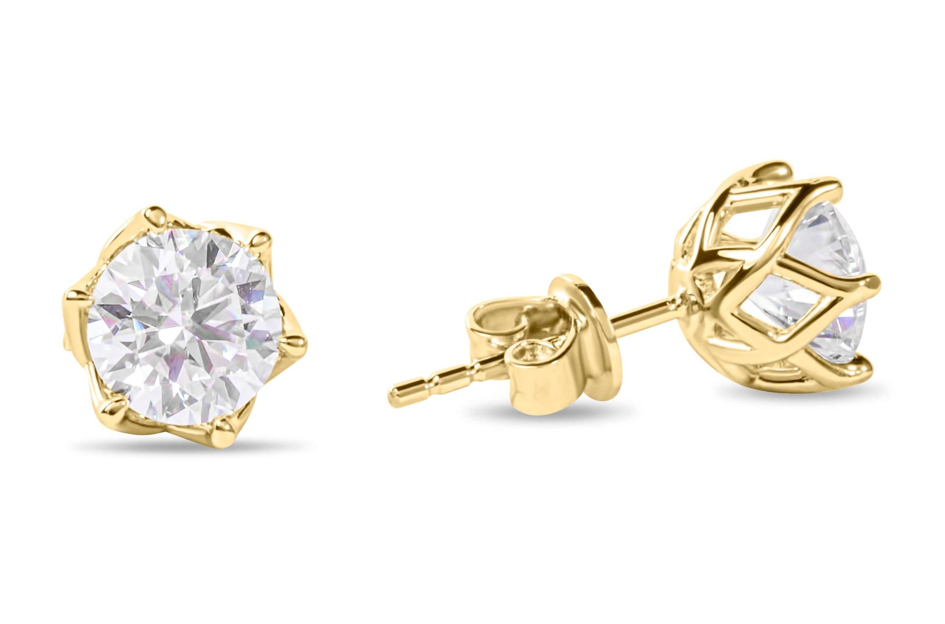Moissanite Diamond Six Prong Stud Gold Earrings on white background