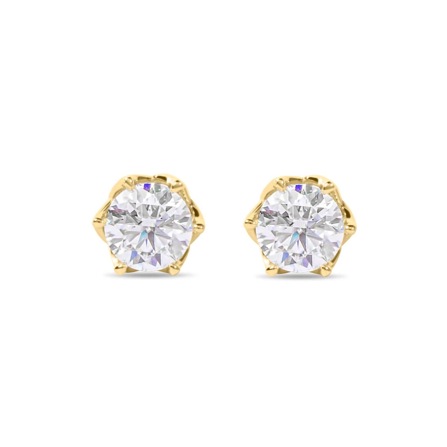 Moissanite Diamond Six Prong Stud Gold Earrings on white background