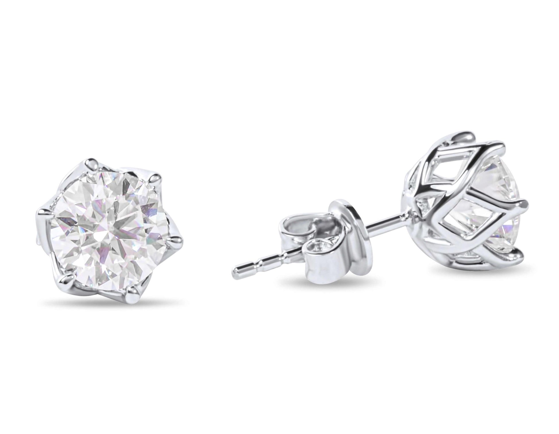Moissanite Diamond Six Prong Stud White Gold Earrings on white background