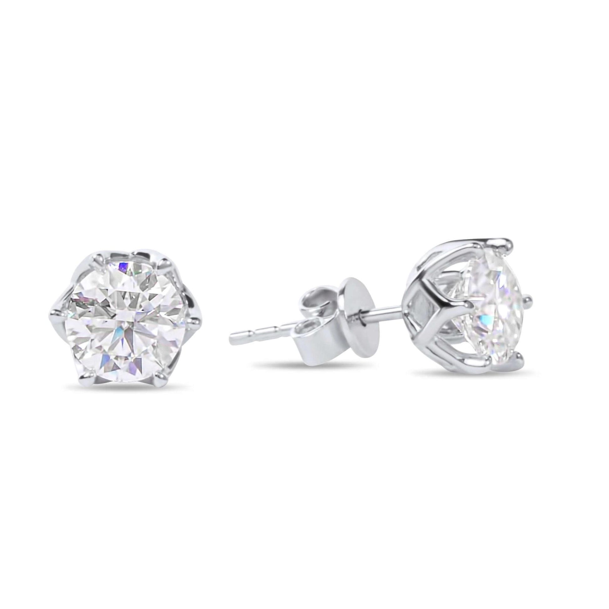 Moissanite Diamond Six Prong Stud White Gold Earrings on white background
