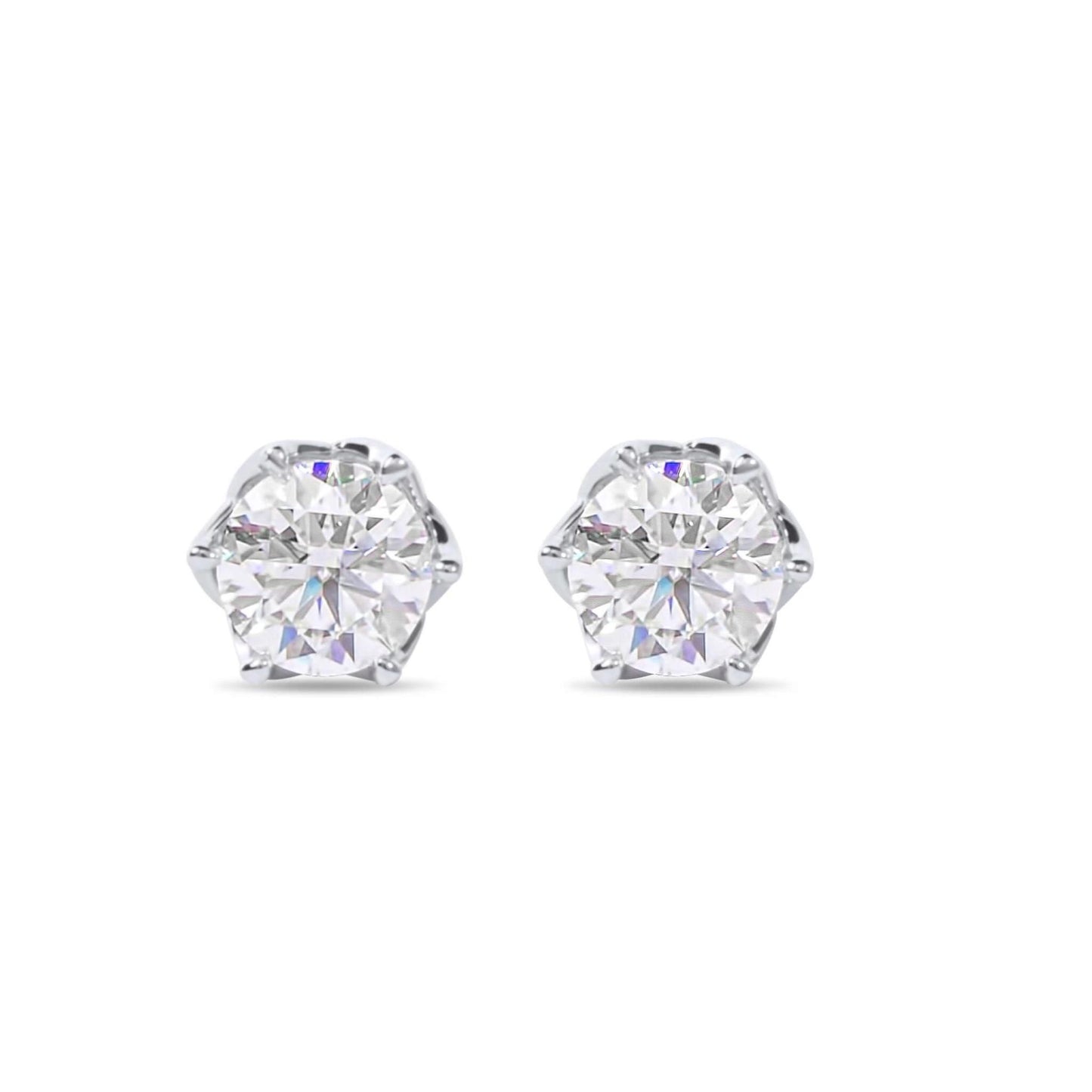 Moissanite Diamond Six Prong Stud Silver Earrings on white background