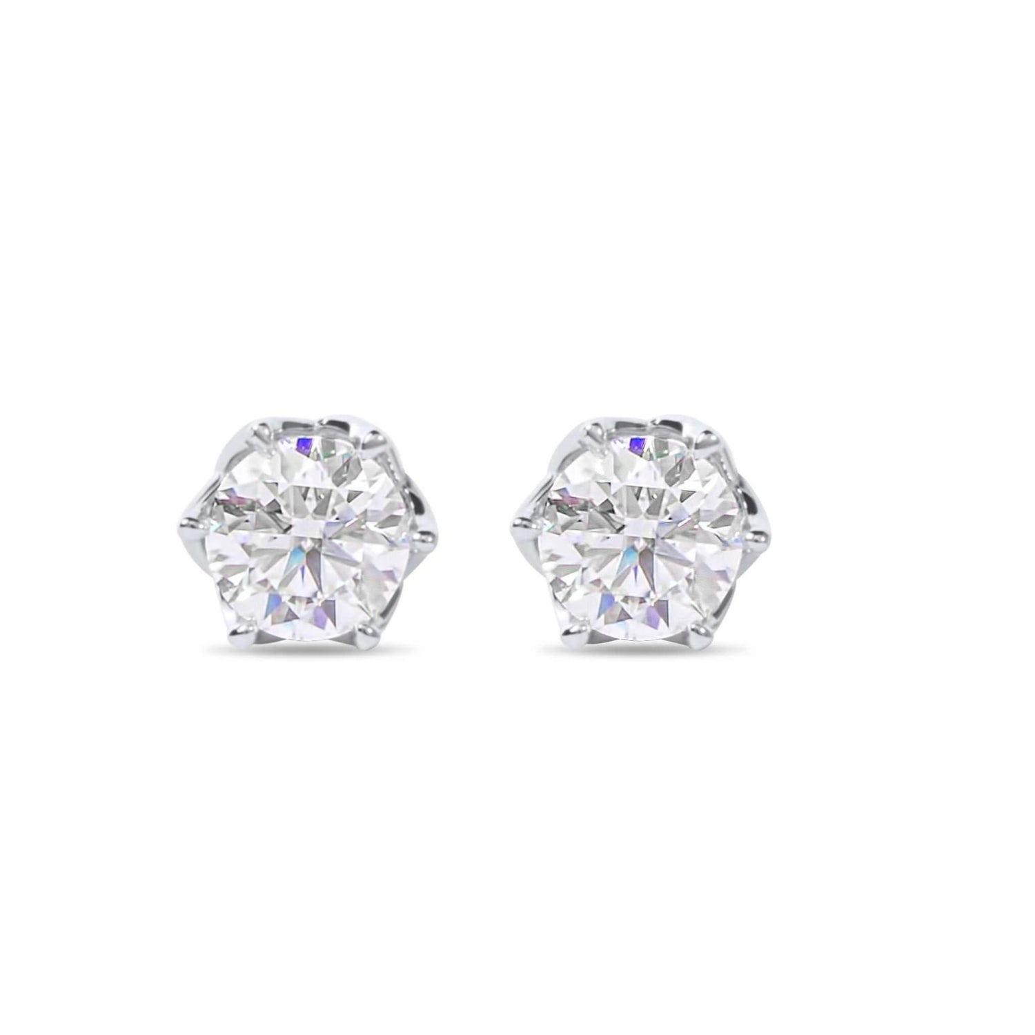 Moissanite Diamond Six Prong Stud Silver Earrings on white background
