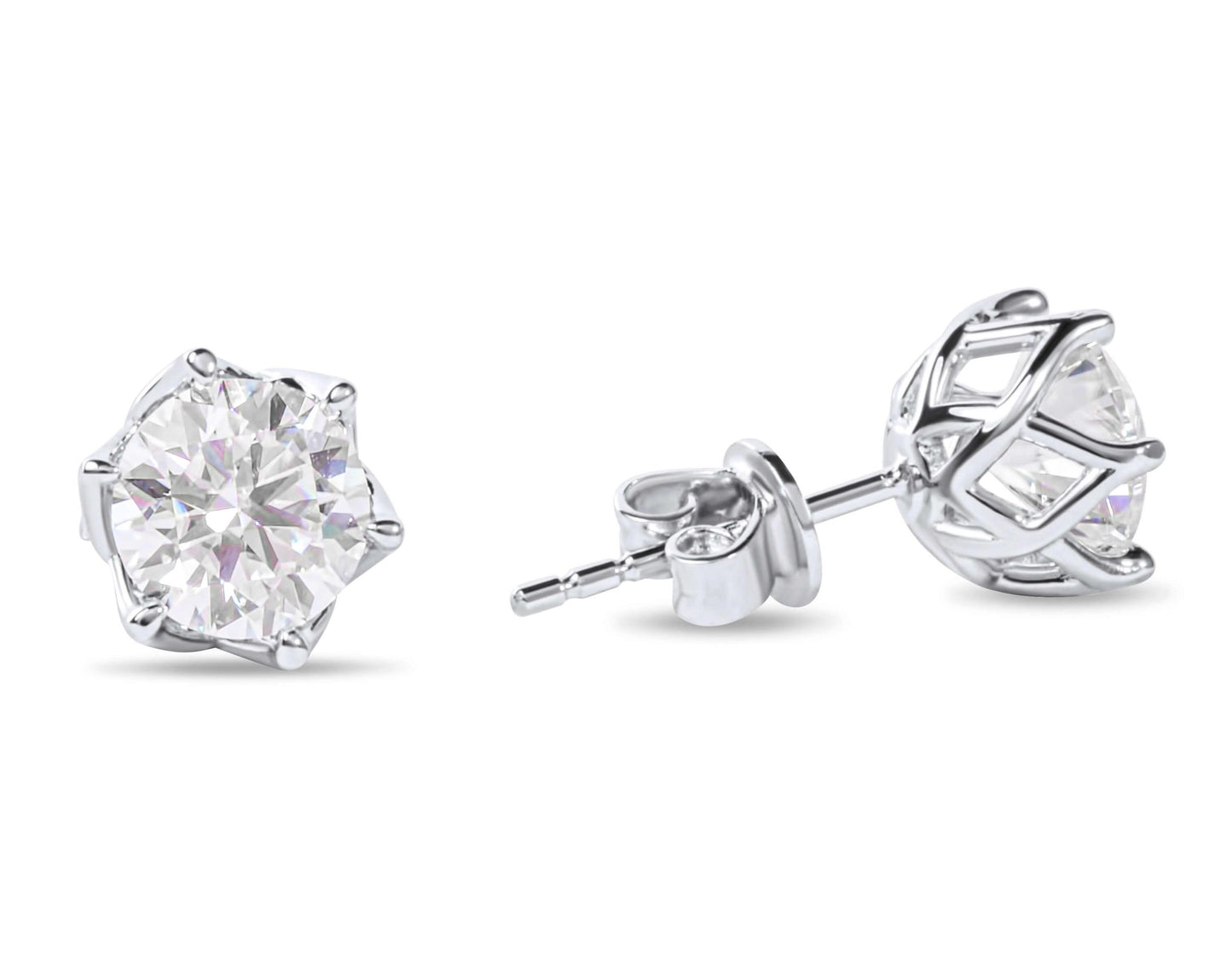 Moissanite Diamond Six Prong Stud Silver Earrings on white background
