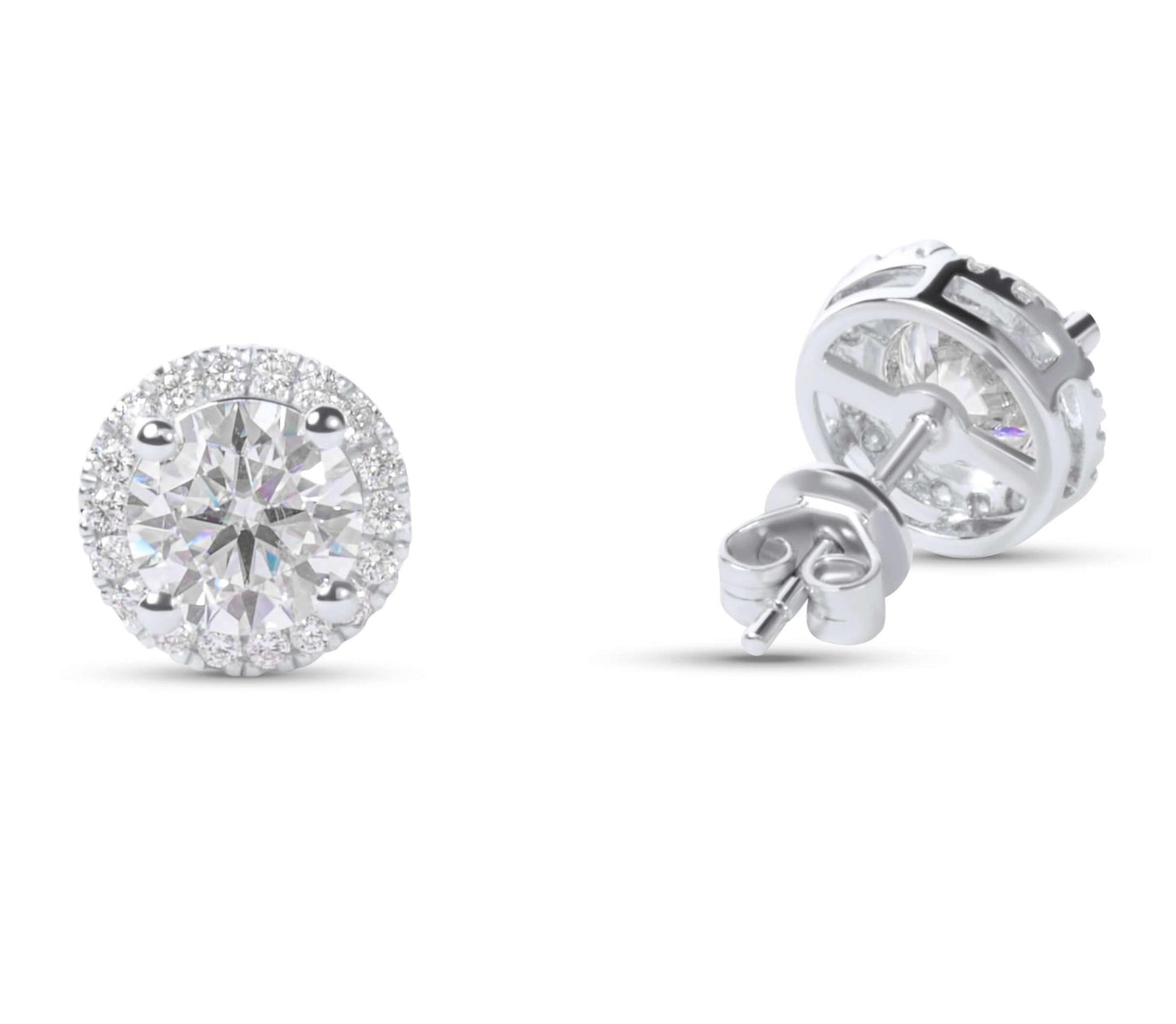 Moissanite Diamond Silver Earrings with Surrounding small stones on white background