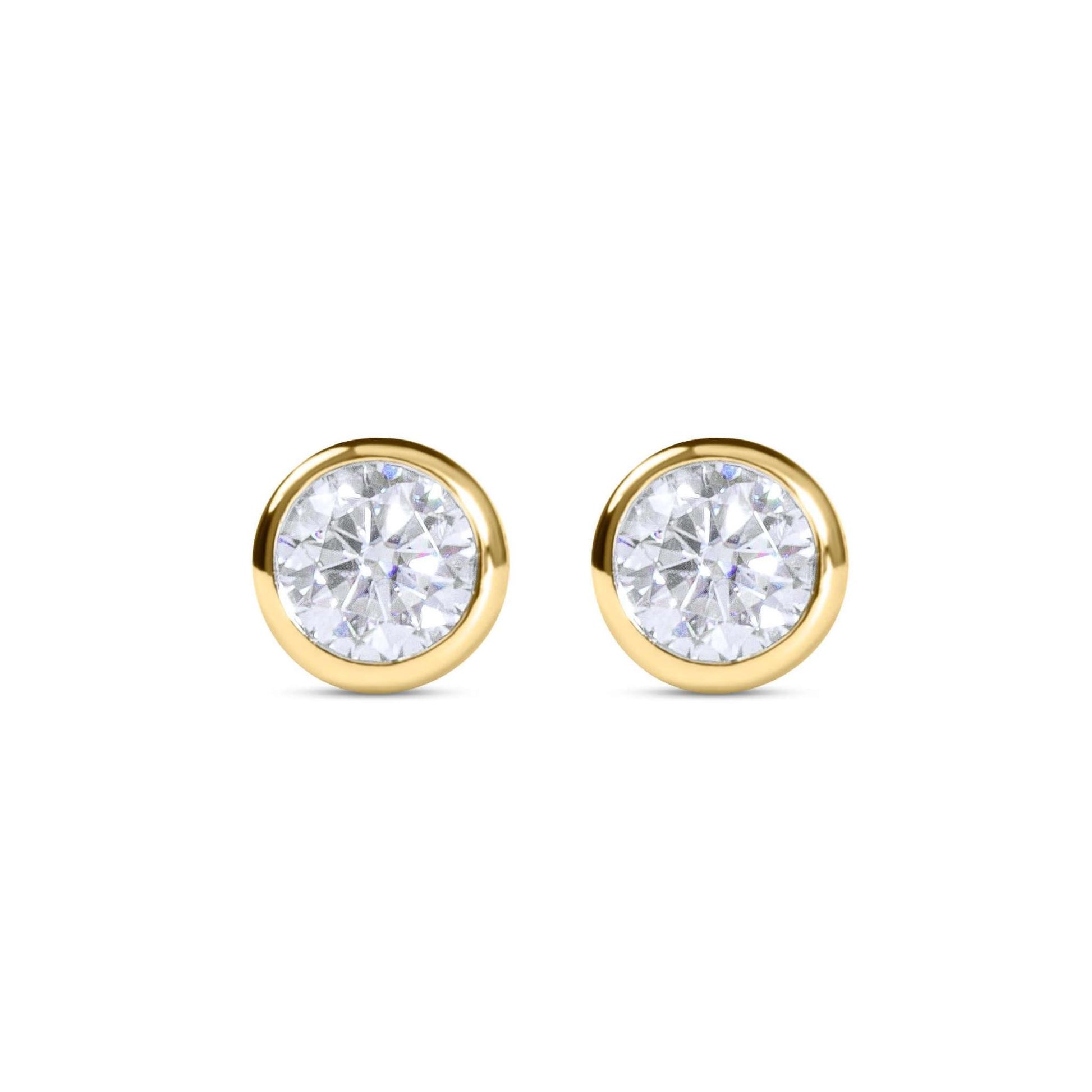 Amaral Bezel Stud Moissanite Diamond Gold Earrings on white background
