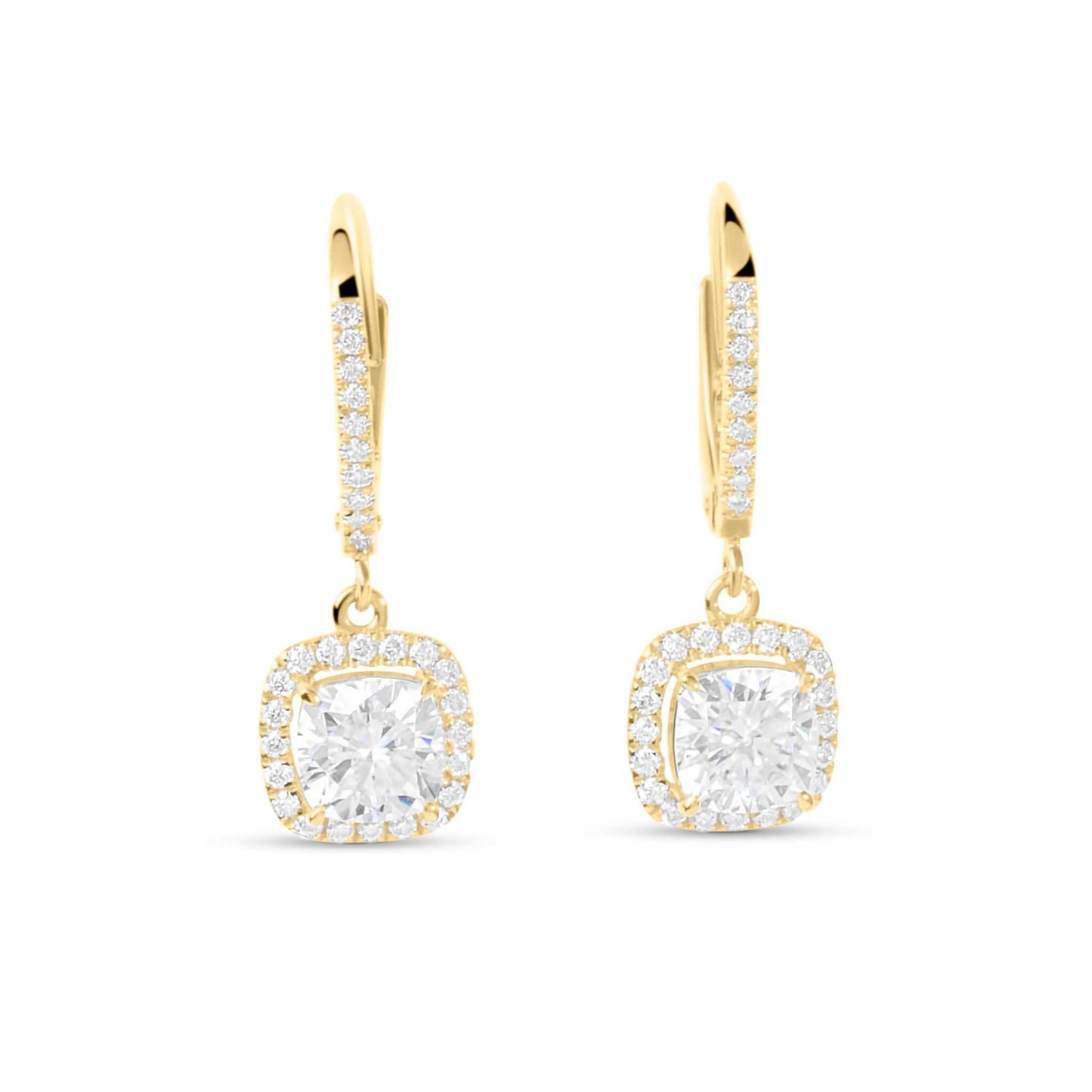 Moissanite Diamond Cushion Drop Gold Earrings with white background