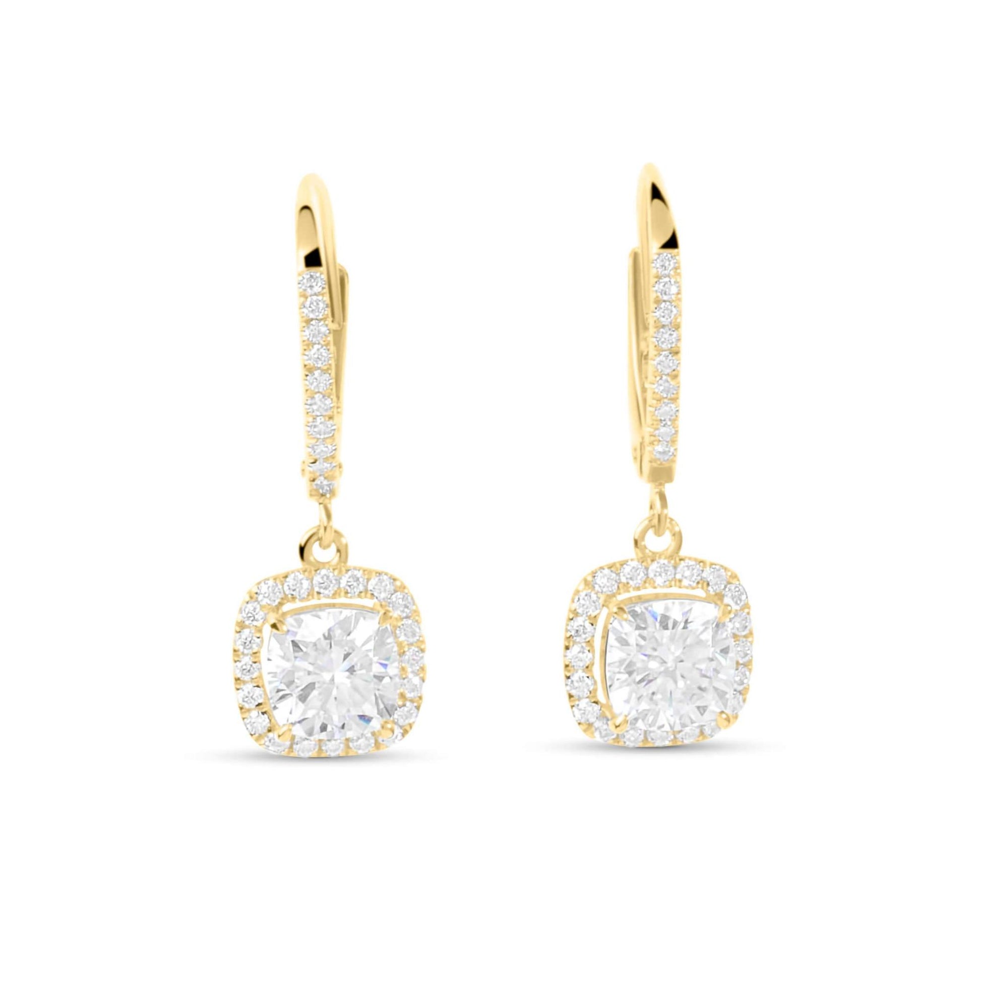 Moissanite Diamond Cushion Drop Gold Earrings with white background