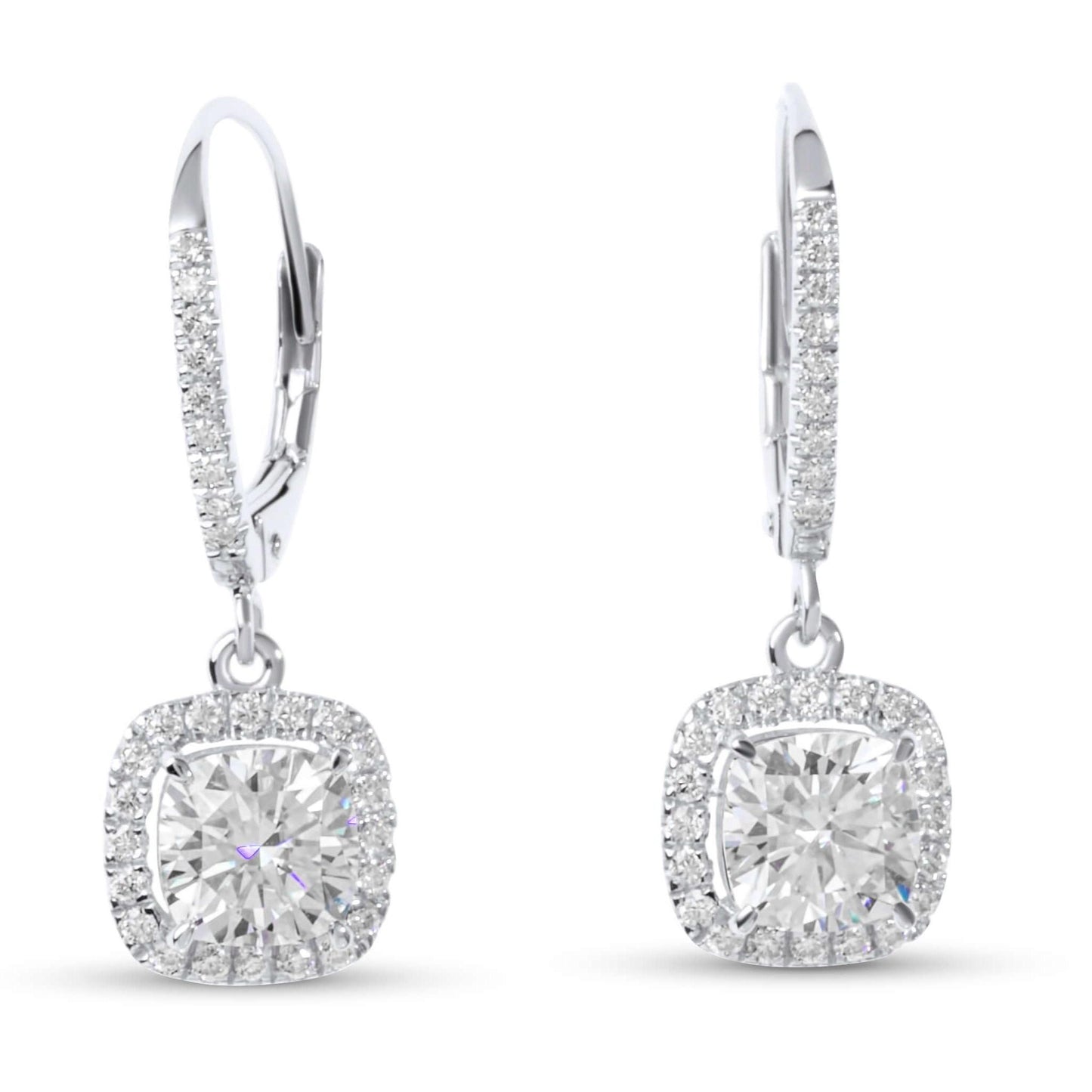 Moissanite Diamond Cushion Drop White Gold Earrings with white background