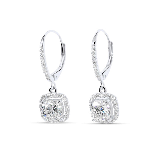 Moissanite Diamond Cushion Drop Silver Earrings with white background