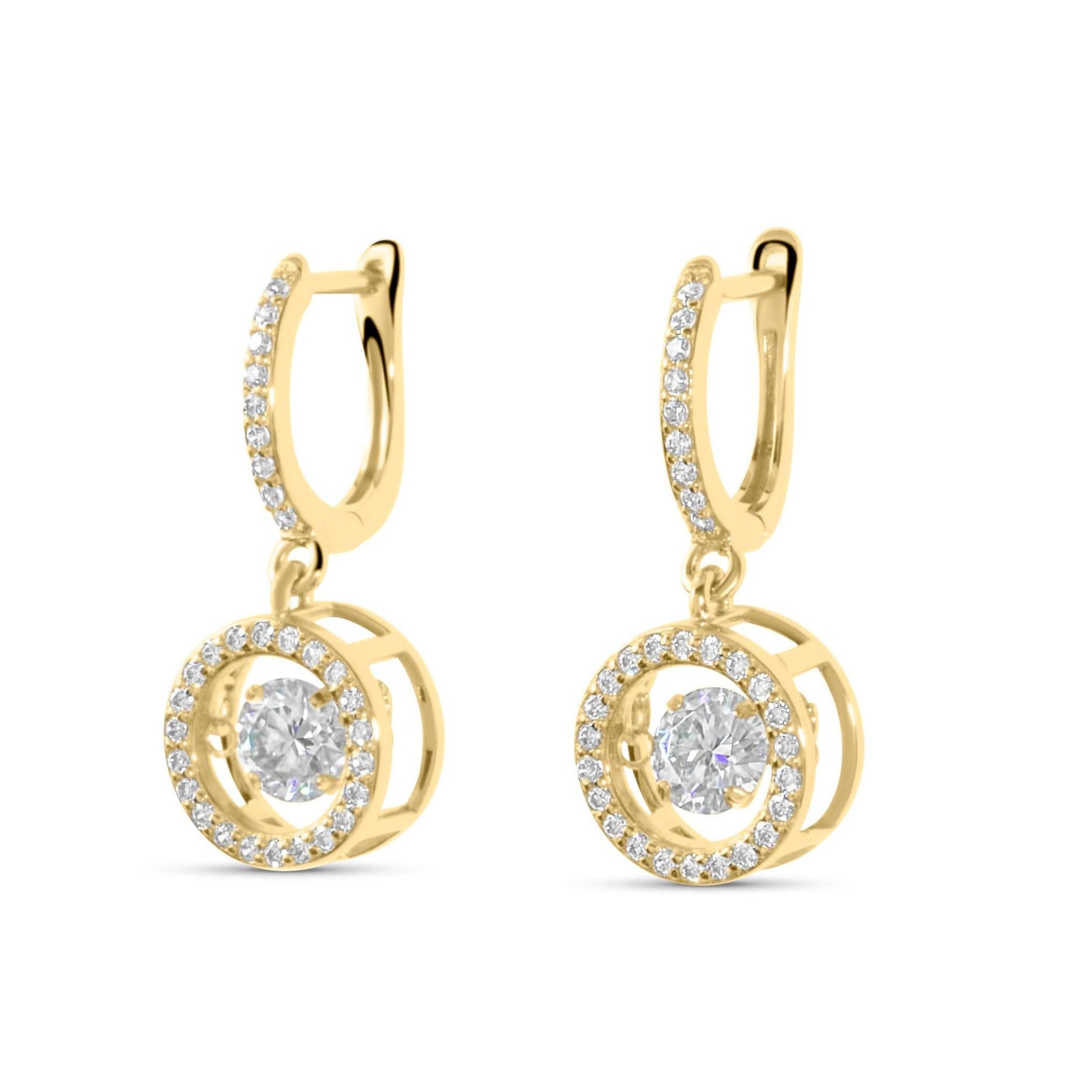 Moissanite Diamond Dancing Drop Gold Earrings on white background