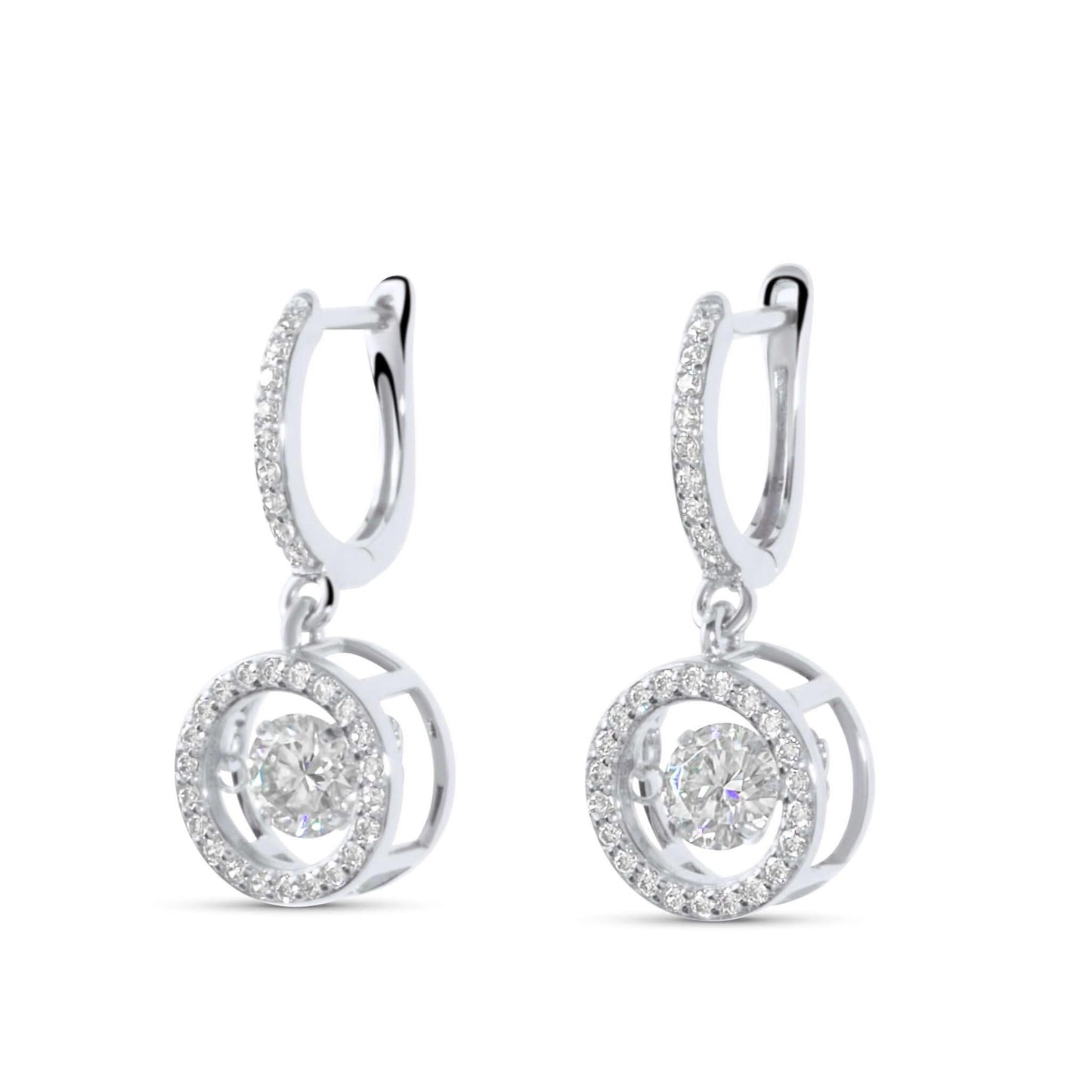 Moissanite Diamond Dancing Drop Silver Earrings on white background