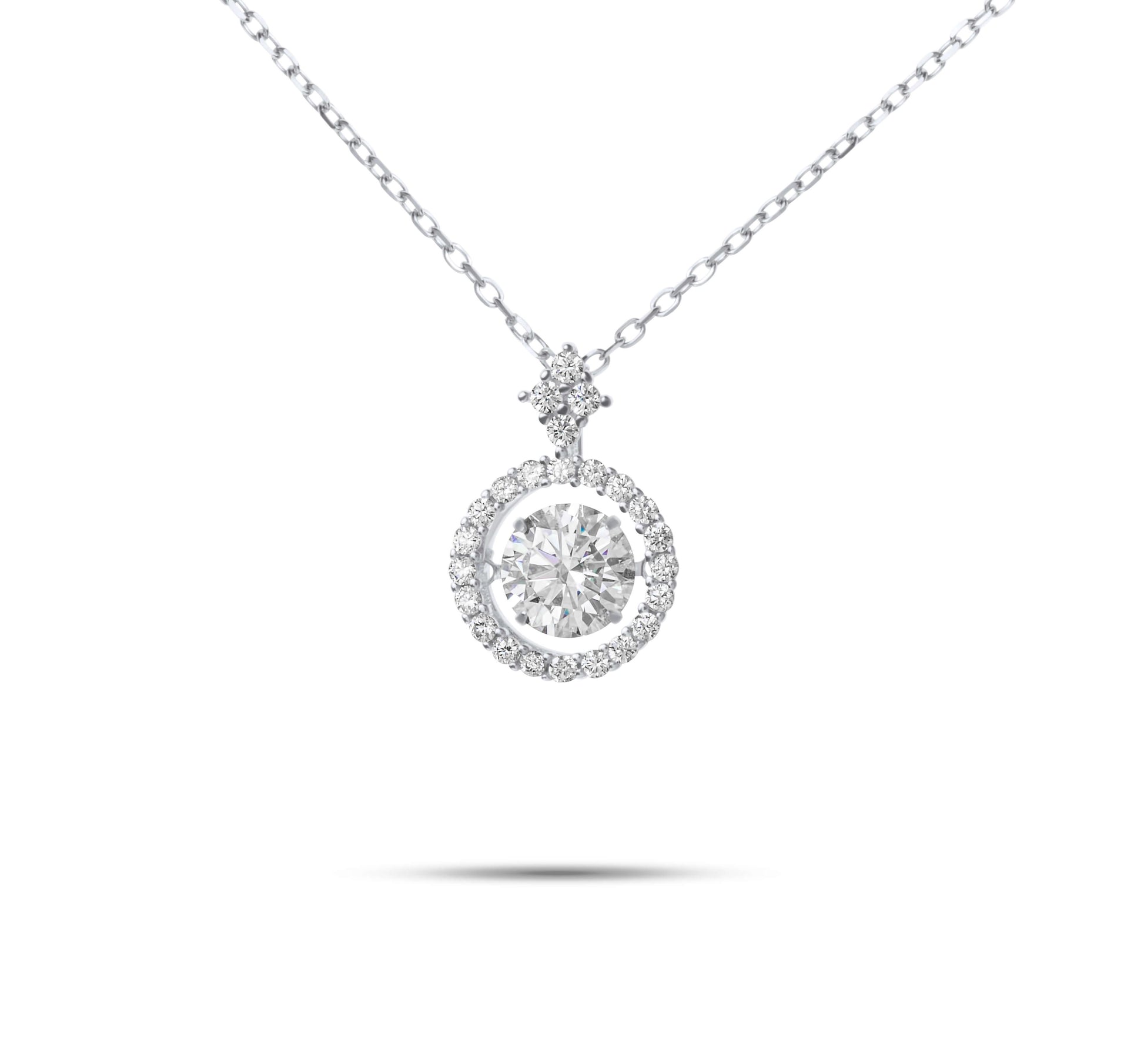 Moissanite Diamond Dancing Stone Silver Necklaces on white background