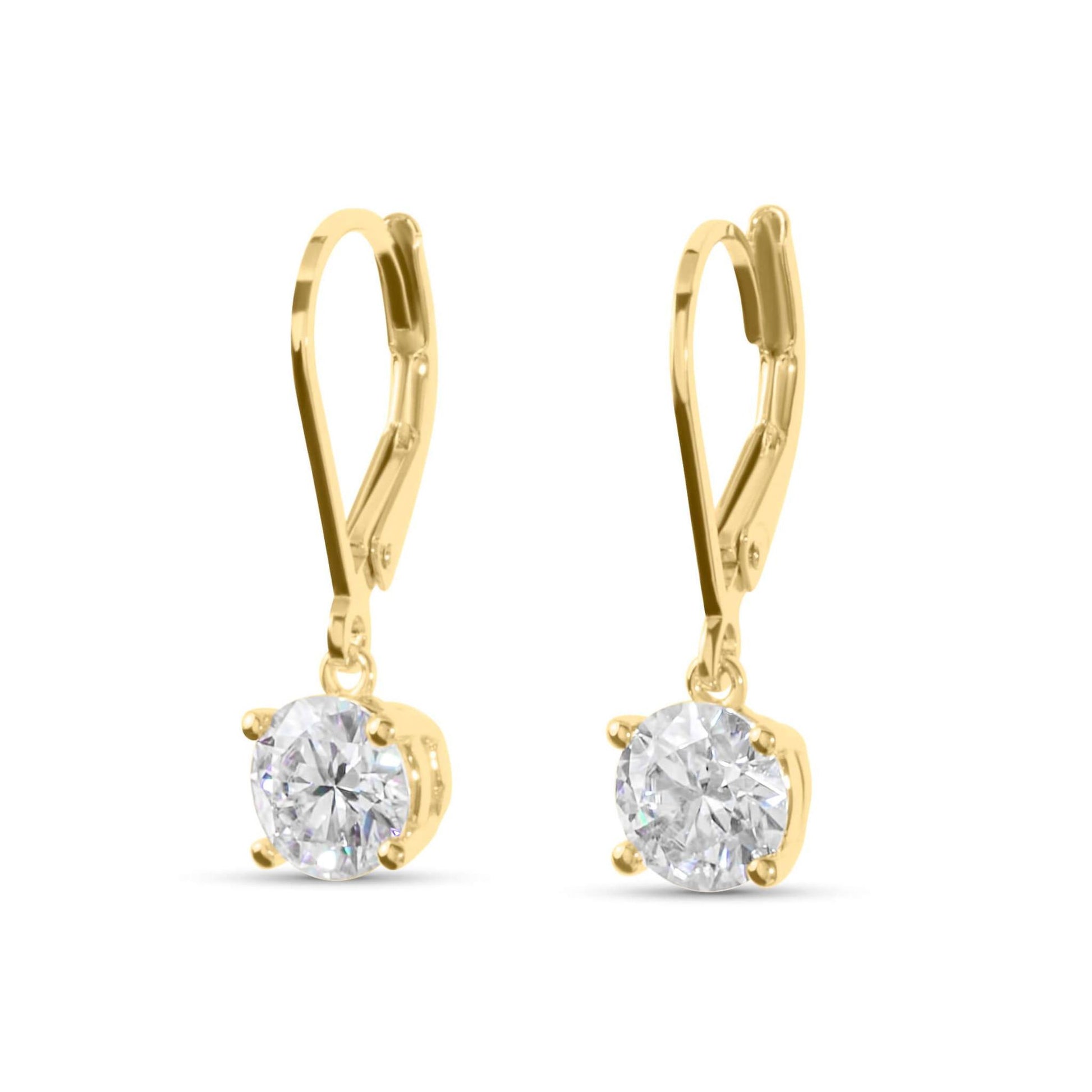 Moissanite Diamond Drop Solitaire Gold Earrings on white background