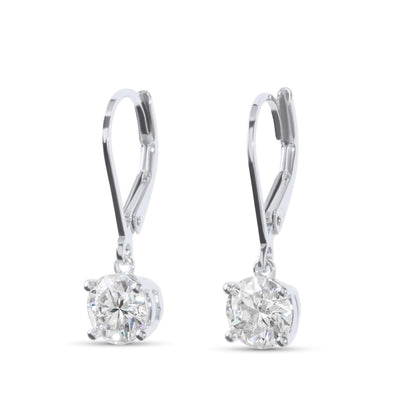 Moissanite Diamond Drop Solitaire White Gold Earrings on white background