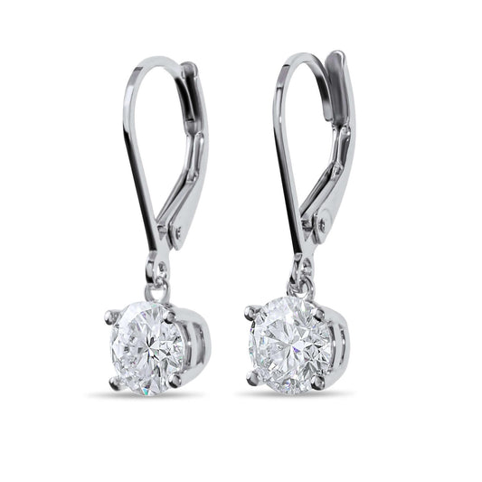 Moissanite Diamond Drop Solitaire Silver Earrings on white background