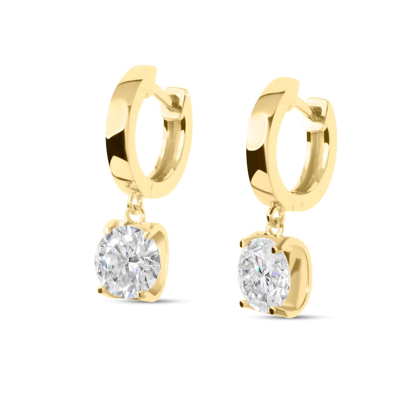 Moissanite Diamond Drop Gold Earrings on white background