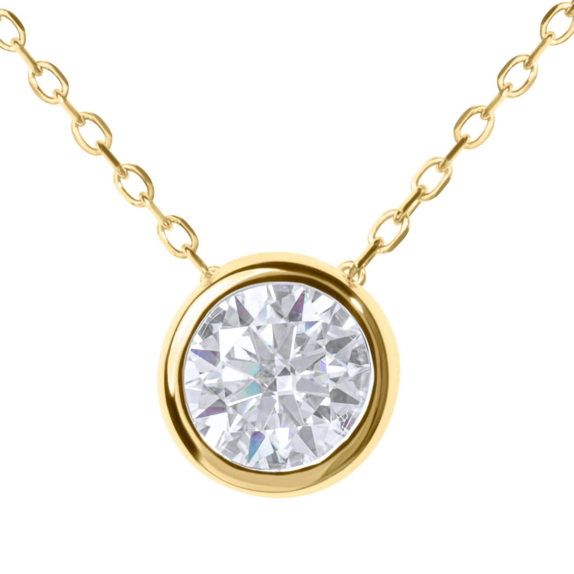 Moissanite Diamond Bezel Gold Necklace on white background