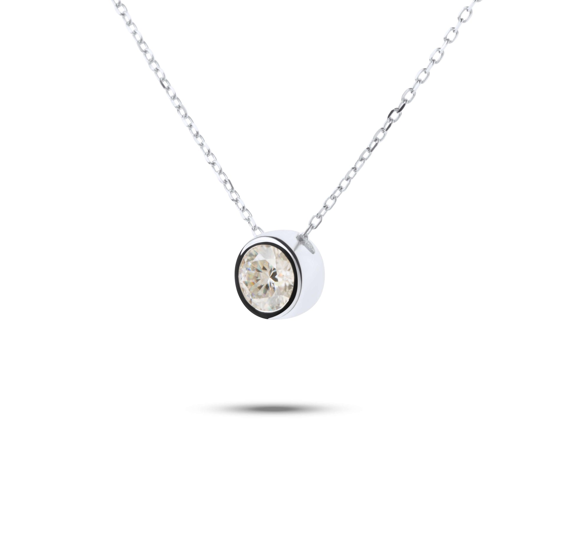 Moissanite Diamond Bezel Silver Necklace on white background