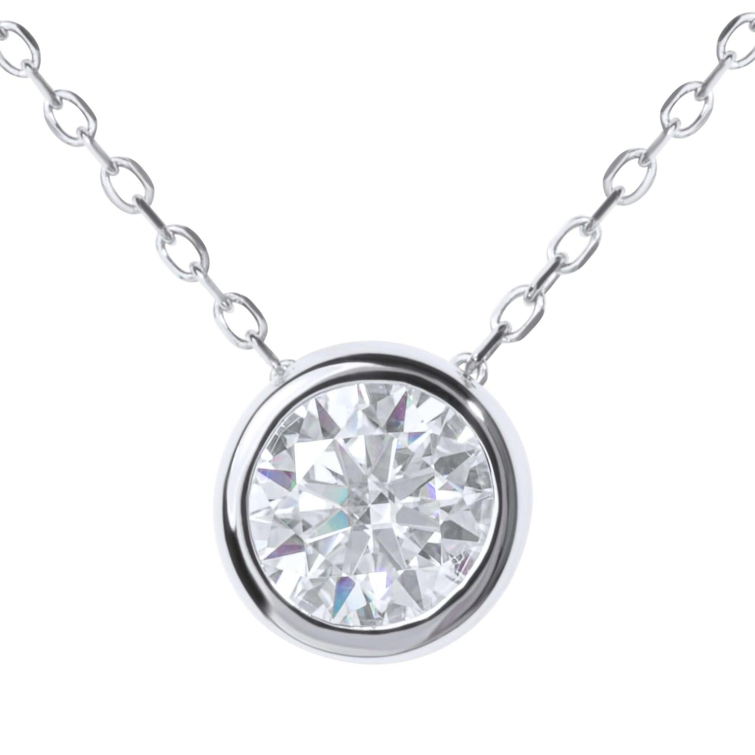 Moissanite Diamond Bezel Silver Necklace on white background