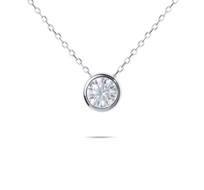 Moissanite Diamond Bezel Silver Necklace on white background
