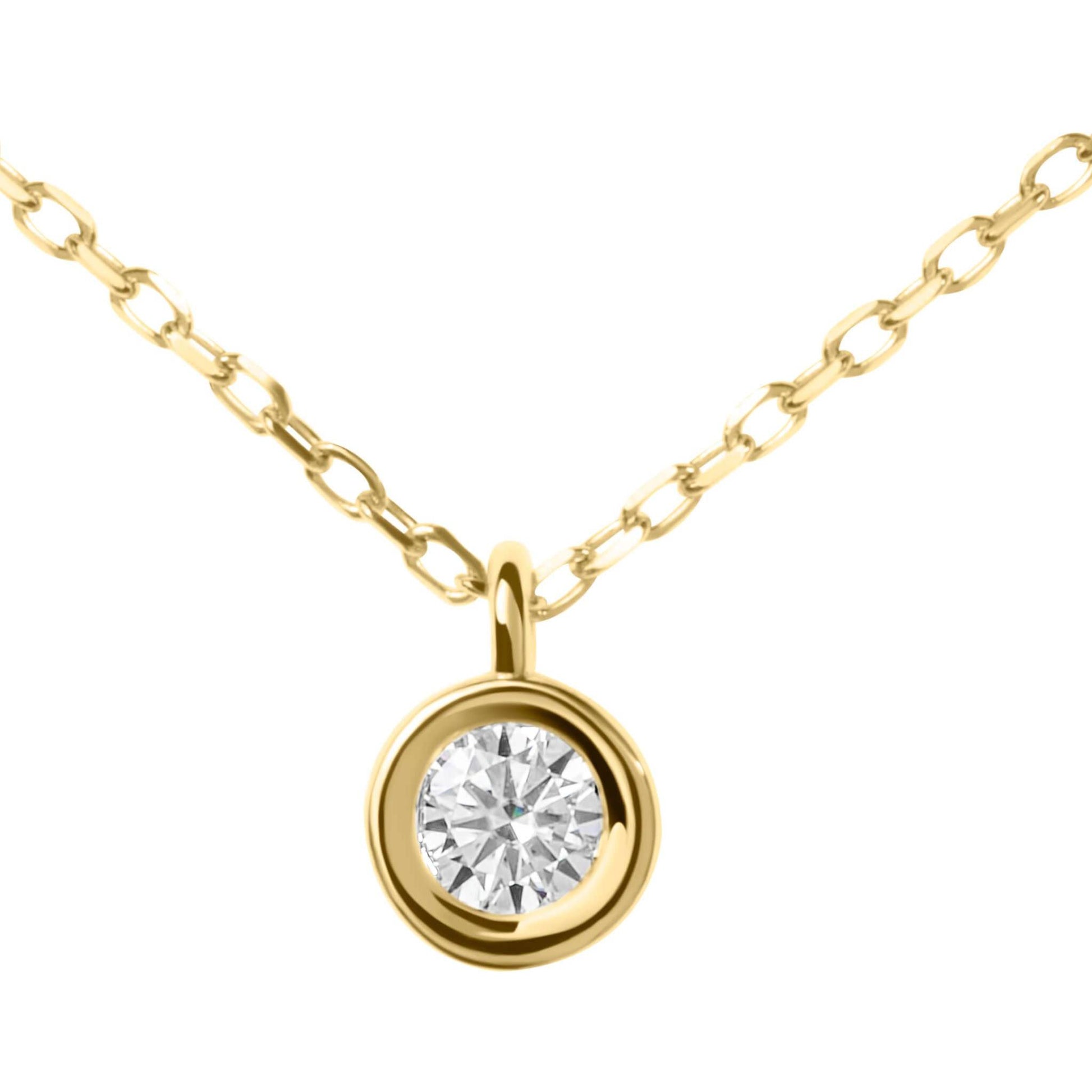 Moissanite Diamond Round Bezel Gold Necklace on white background