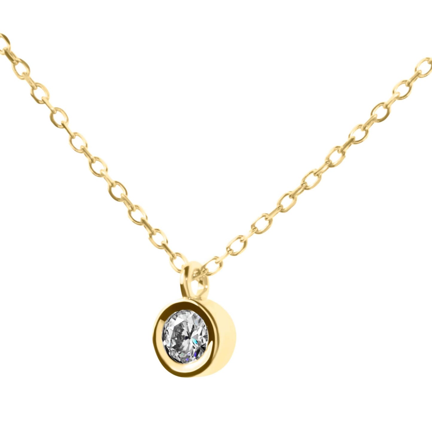 Moissanite Diamond Round Bezel Gold Necklace on white background