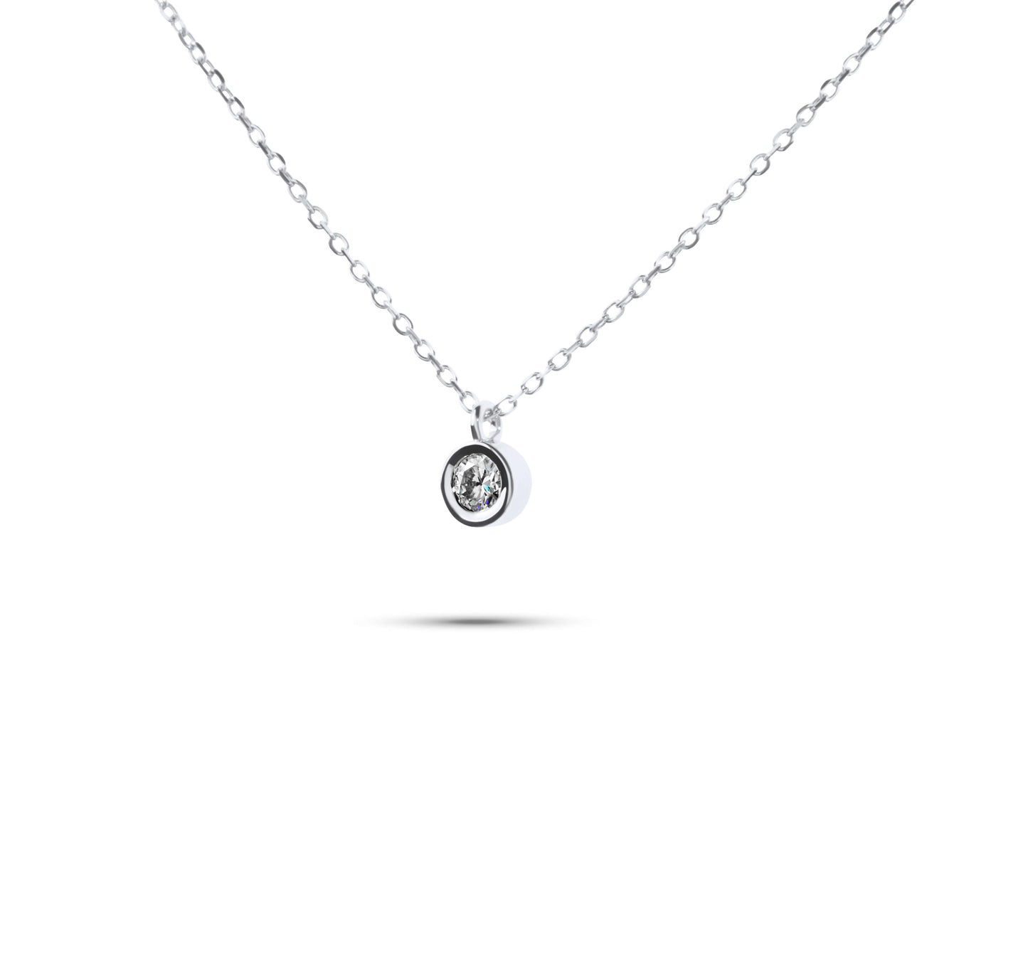 Moissanite Diamond Round Bezel Silver Necklace on white background