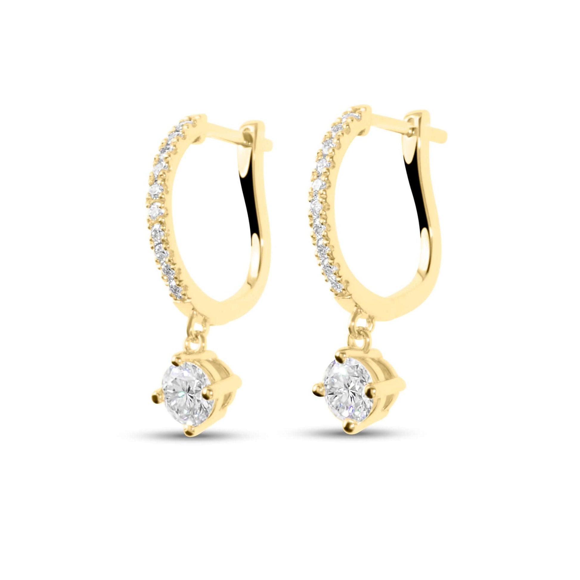 Moissanite Diamond Round Drop Gold Earrings on white background