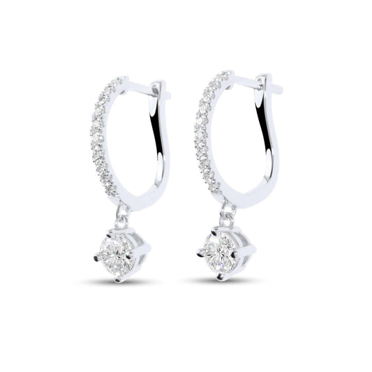 Moissanite Diamond Round Drop Silver Earrings on white background