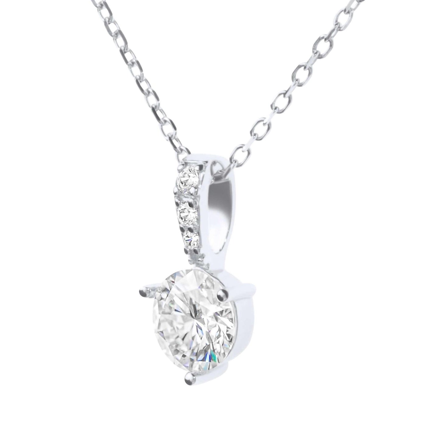 Moissanite Diamond Round White Gold Necklace on white background