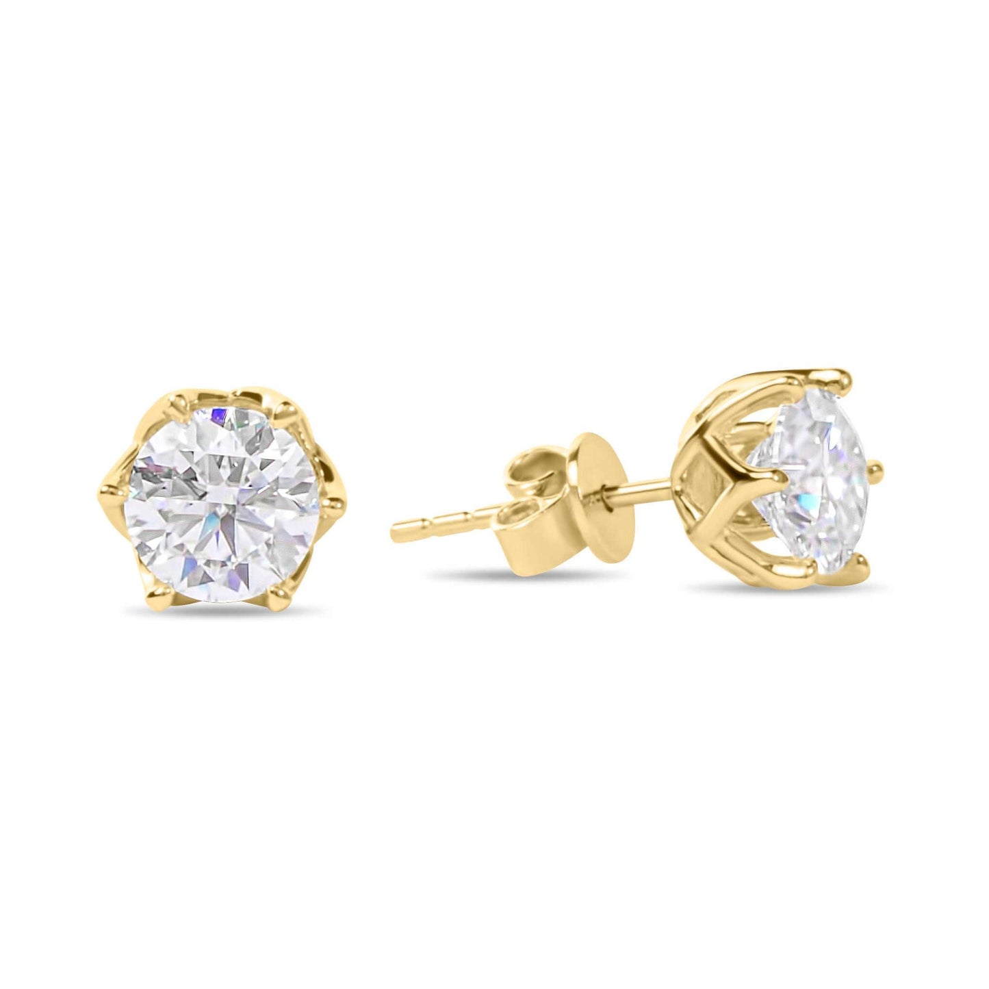 Moissanite Diamond Six Prong Stud Gold Earrings on white background