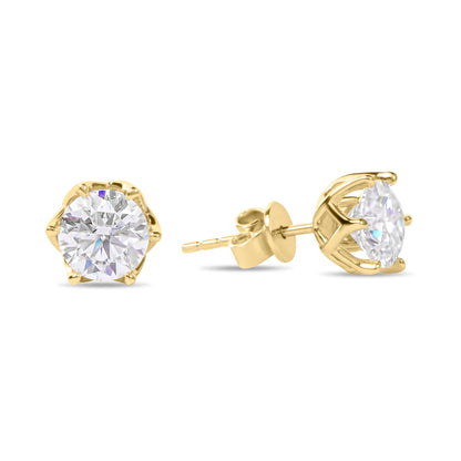 Moissanite Diamond Six Prong Stud Gold Earrings on white background