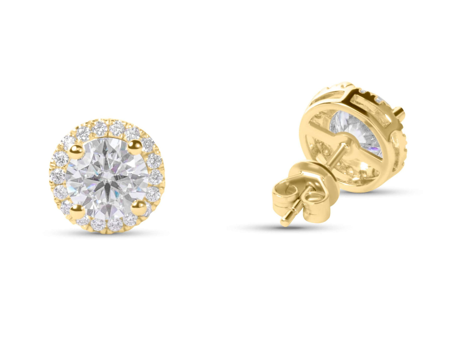 Moissanite Diamond Gold Earrings with Surrounding small stones on white background