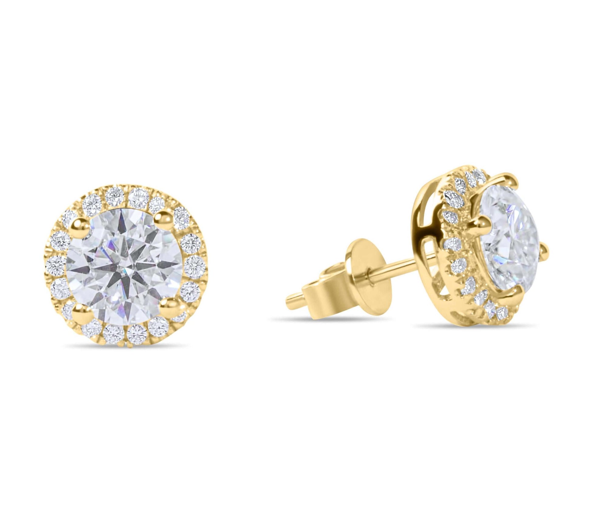 Moissanite Diamond Gold Earrings with Surrounding small stones on white background