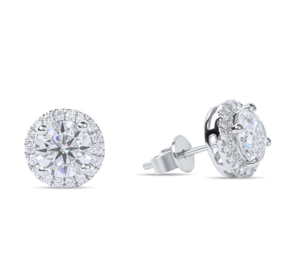 Moissanite Diamond Silver Earrings with Surrounding small stones on white background